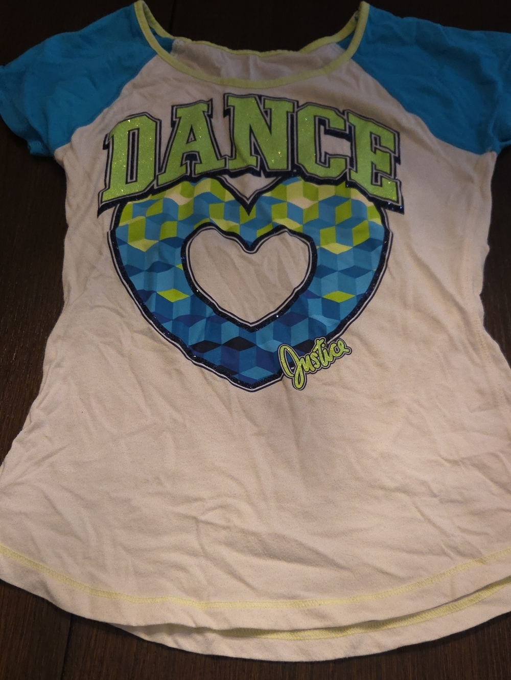 Justice Girls White Tee with Blue Sleeves & Lime Dance Heart Graphic
